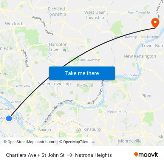 Chartiers Ave + St John St to Natrona Heights map