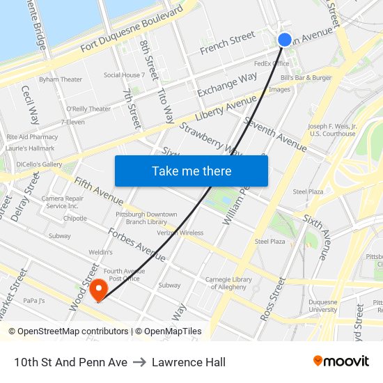 10th St And Penn Ave to Lawrence Hall map