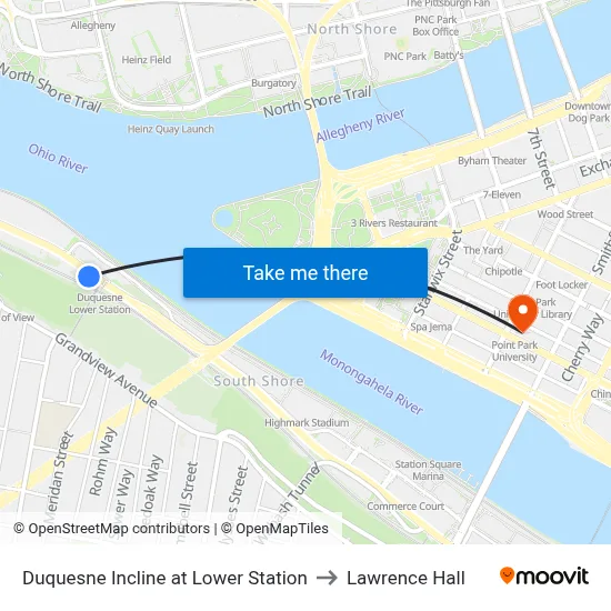 Duquesne Incline at Lower Station to Lawrence Hall map