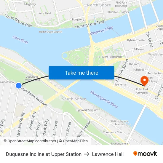 Duquesne Incline at Upper Station to Lawrence Hall map