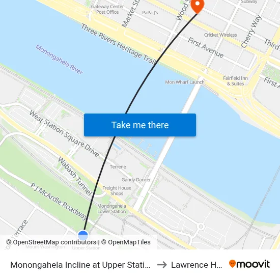 Monongahela Incline at Upper Station to Lawrence Hall map