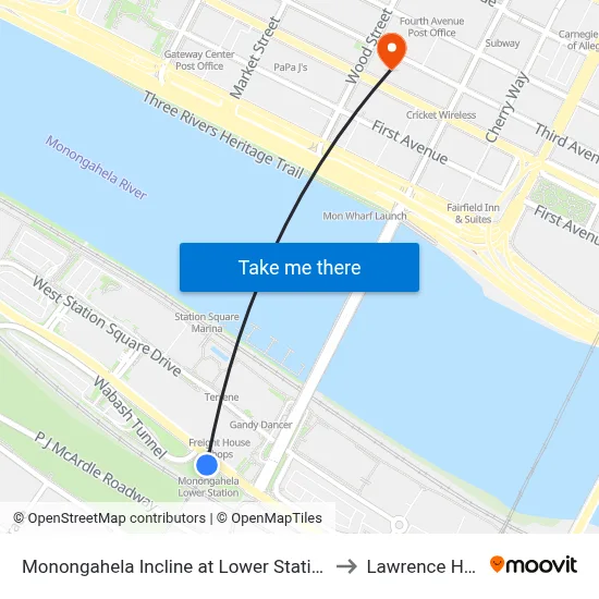 Monongahela Incline at Lower Station to Lawrence Hall map