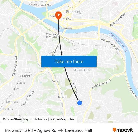 Brownsville Rd + Agnew Rd to Lawrence Hall map