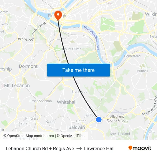 Lebanon Church Rd + Regis Ave to Lawrence Hall map