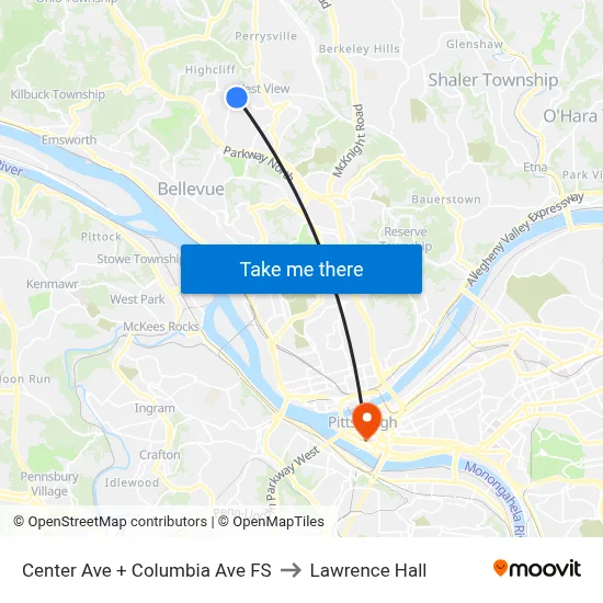 Center Ave + Columbia Ave FS to Lawrence Hall map