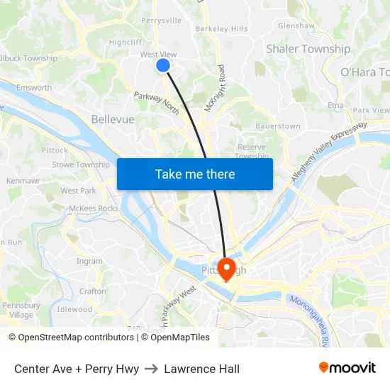 Center Ave + Perry Hwy to Lawrence Hall map