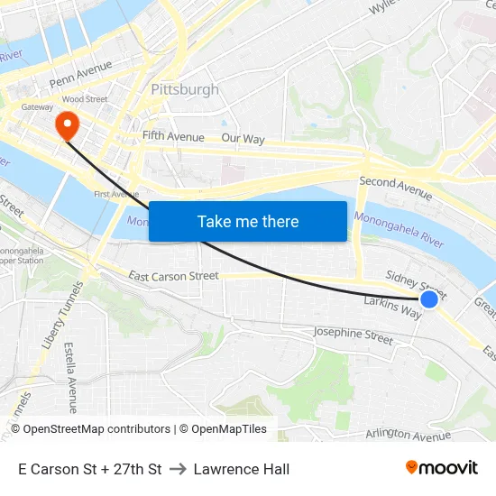 E Carson St + 27th St to Lawrence Hall map