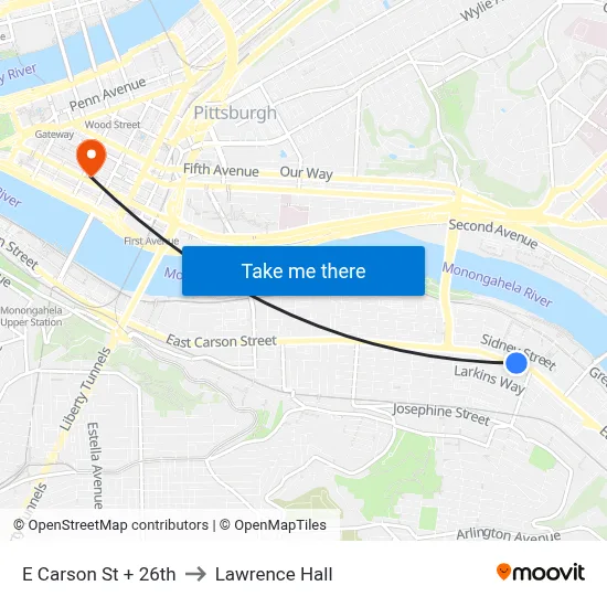 E Carson St + 26th to Lawrence Hall map