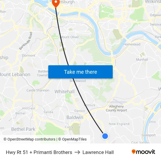 Hwy Rt 51 + Primanti Brothers to Lawrence Hall map