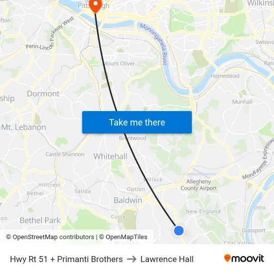 Hwy Rt 51 + Primanti Brothers to Lawrence Hall map