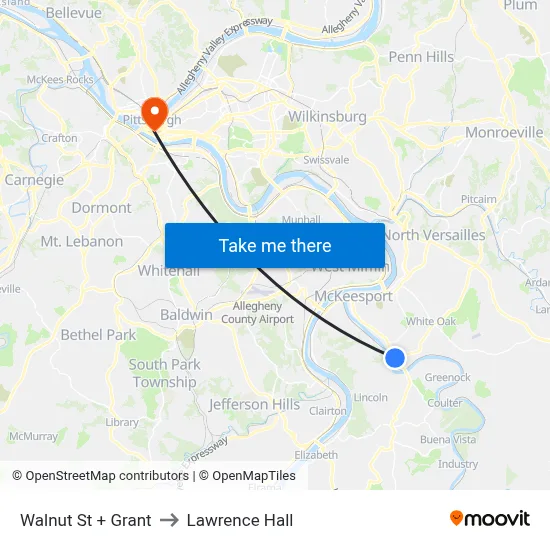 Walnut St + Grant to Lawrence Hall map