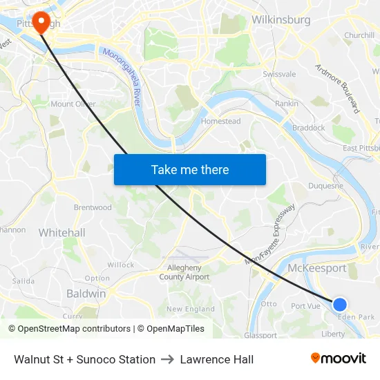 Walnut St + Sunoco Station to Lawrence Hall map