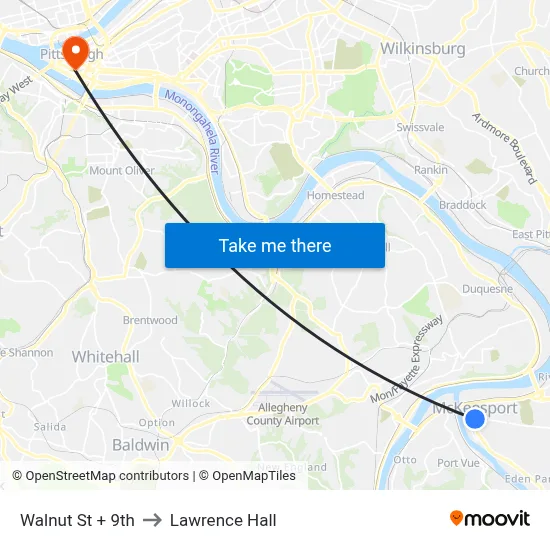 Walnut St + 9th to Lawrence Hall map
