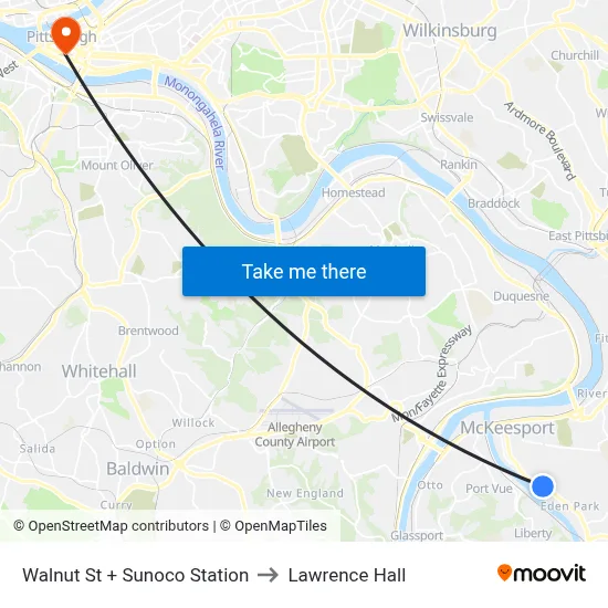 Walnut St + Sunoco Station to Lawrence Hall map