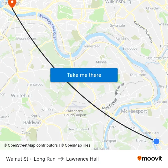 Walnut St + Long Run to Lawrence Hall map
