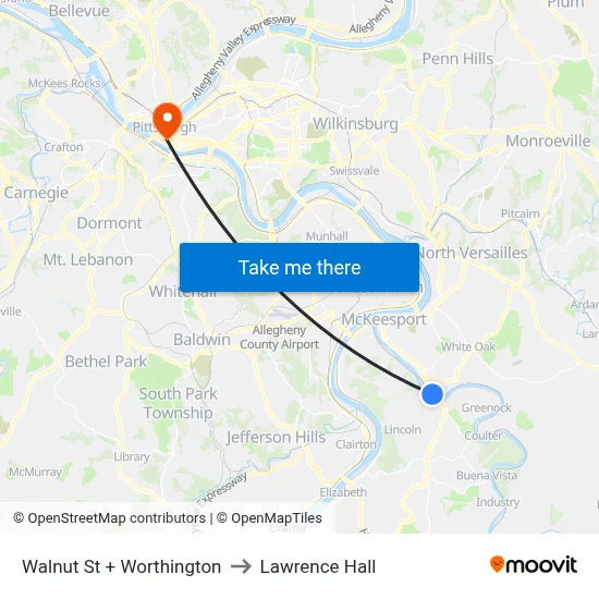 Walnut St + Worthington to Lawrence Hall map
