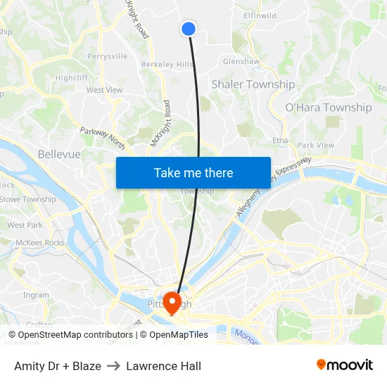 Amity Dr + Blaze to Lawrence Hall map