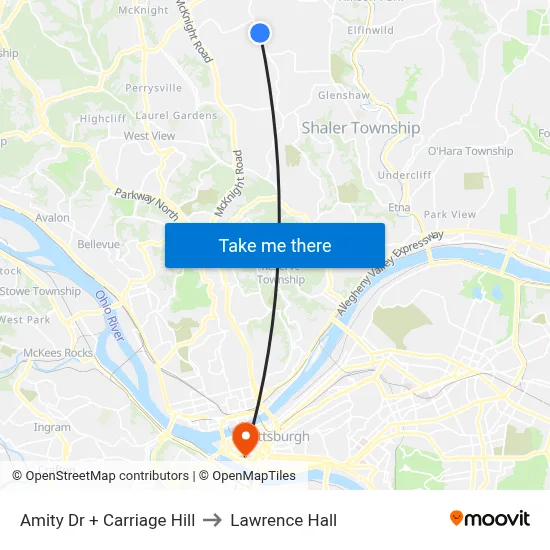 Amity Dr + Carriage Hill to Lawrence Hall map