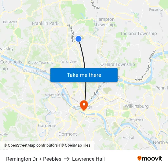 Remington Dr + Peebles to Lawrence Hall map