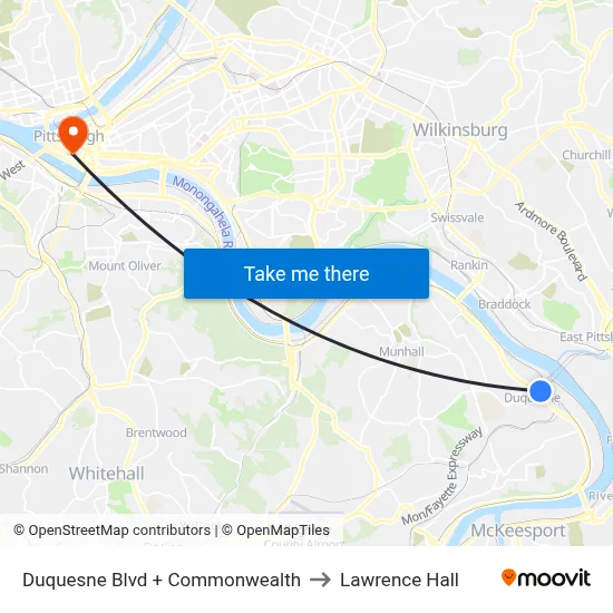 Duquesne Blvd + Commonwealth to Lawrence Hall map