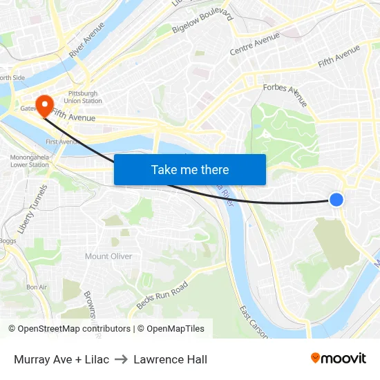 Murray Ave + Lilac to Lawrence Hall map