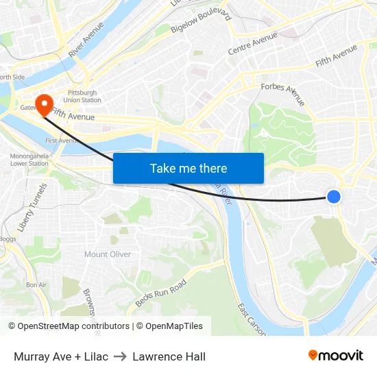 Murray Ave + Lilac to Lawrence Hall map