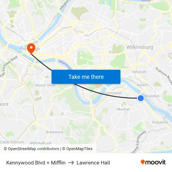 Kennywood Blvd + Mifflin to Lawrence Hall map