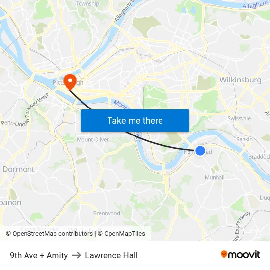 9th Ave + Amity to Lawrence Hall map