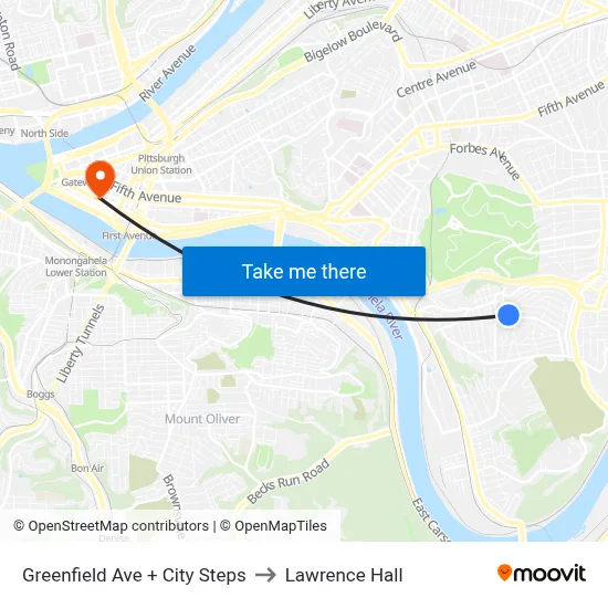 Greenfield Ave + City Steps to Lawrence Hall map