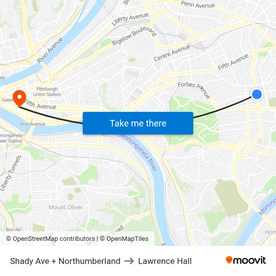 Shady Ave + Northumberland to Lawrence Hall map