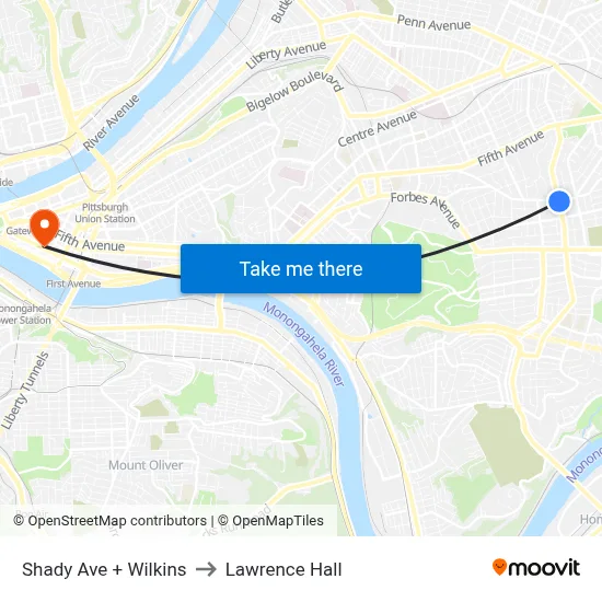 Shady Ave + Wilkins to Lawrence Hall map