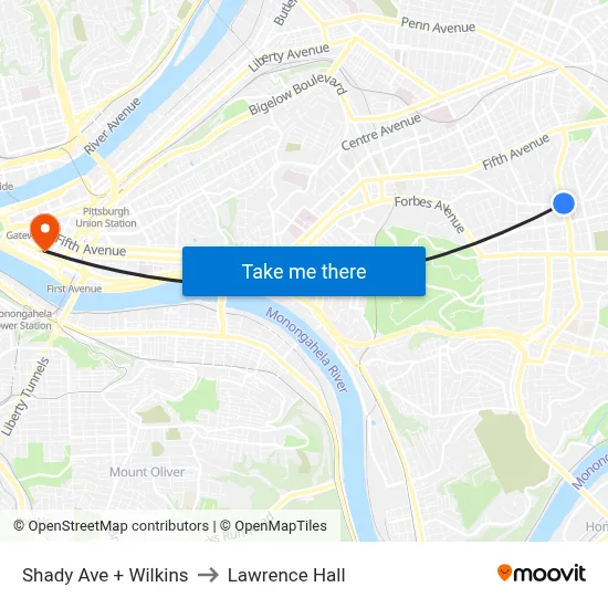 Shady Ave + Wilkins to Lawrence Hall map