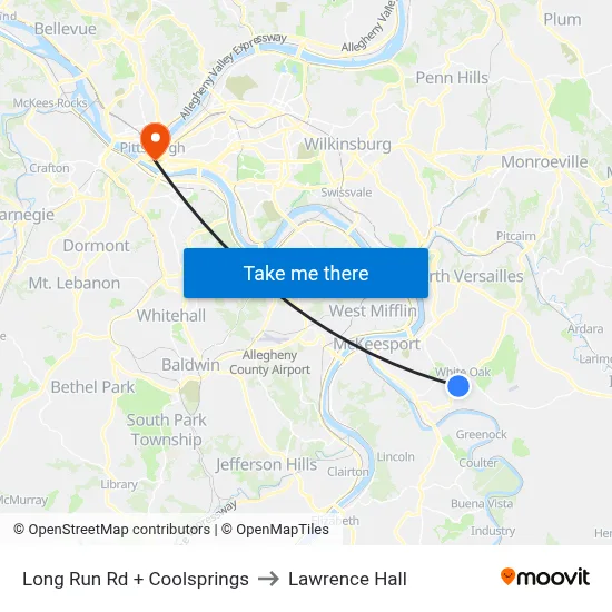 Long Run Rd + Coolsprings to Lawrence Hall map