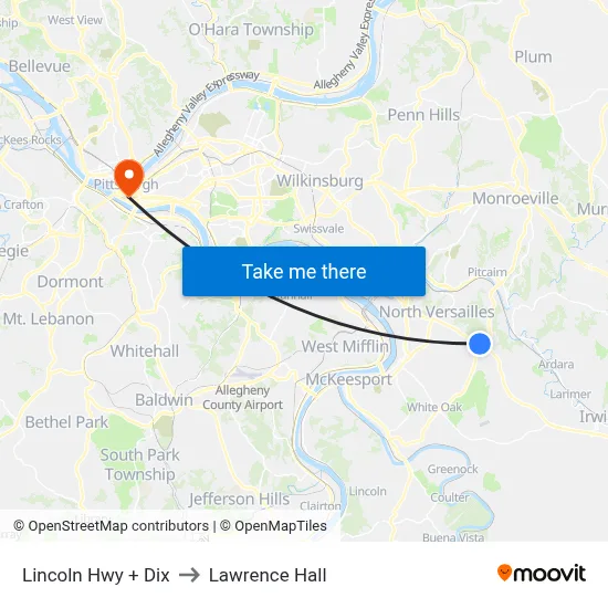 Lincoln Hwy + Dix to Lawrence Hall map