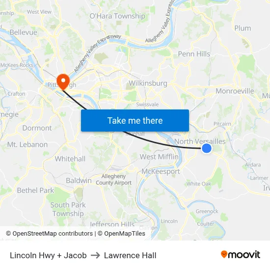 Lincoln Hwy + Jacob to Lawrence Hall map