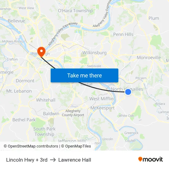 Lincoln Hwy + 3rd to Lawrence Hall map