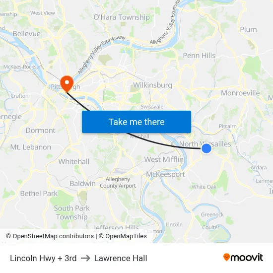 Lincoln Hwy + 3rd to Lawrence Hall map