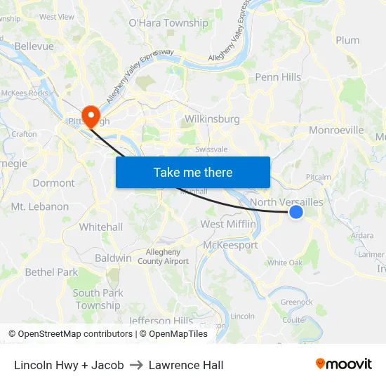 Lincoln Hwy + Jacob to Lawrence Hall map