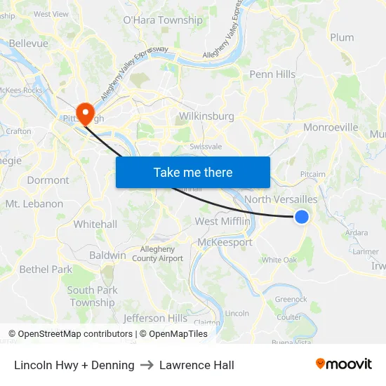 Lincoln Hwy + Denning to Lawrence Hall map