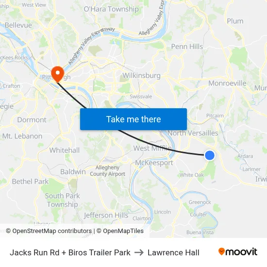 Jacks Run Rd + Biros Trailer Park to Lawrence Hall map