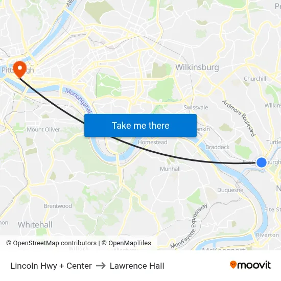 Lincoln Hwy + Center to Lawrence Hall map