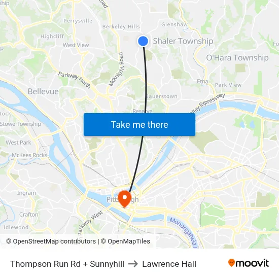 Thompson Run Rd + Sunnyhill to Lawrence Hall map