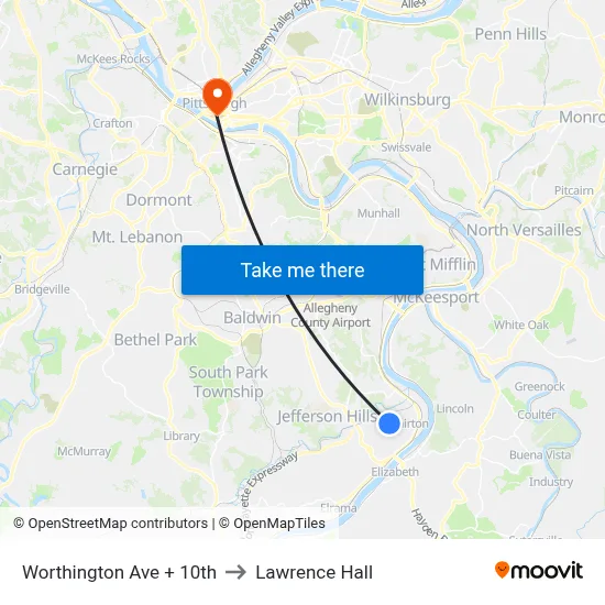 Worthington Ave + 10th to Lawrence Hall map