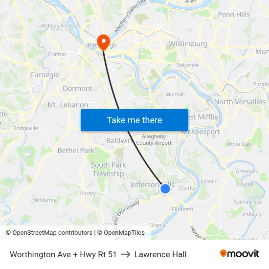 Worthington Ave + Hwy Rt 51 to Lawrence Hall map