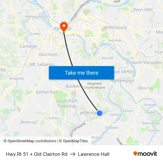 Hwy Rt 51 + Old Clairton Rd to Lawrence Hall map