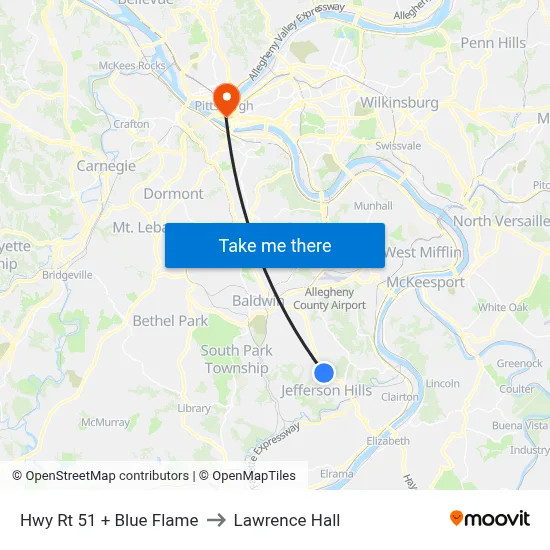 Hwy Rt 51 + Blue Flame to Lawrence Hall map