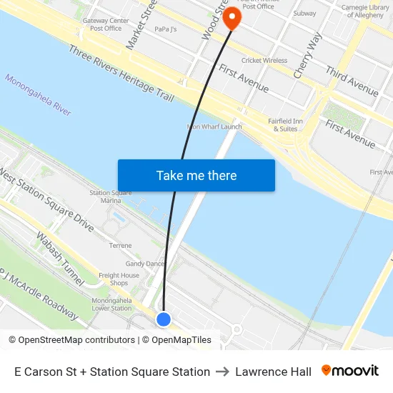 E Carson St + Station Square Station to Lawrence Hall map