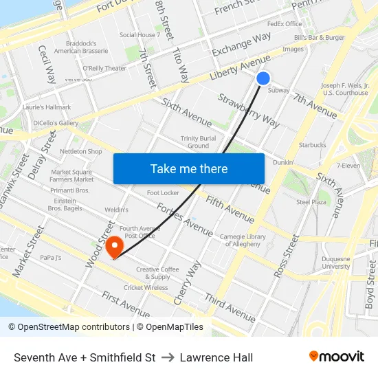 Seventh Ave + Smithfield St to Lawrence Hall map