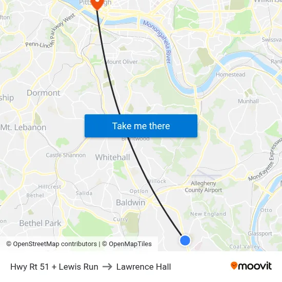 Hwy Rt 51 + Lewis Run to Lawrence Hall map