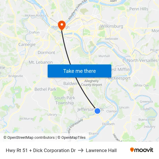 Hwy Rt 51 + Dick Corporation Dr to Lawrence Hall map